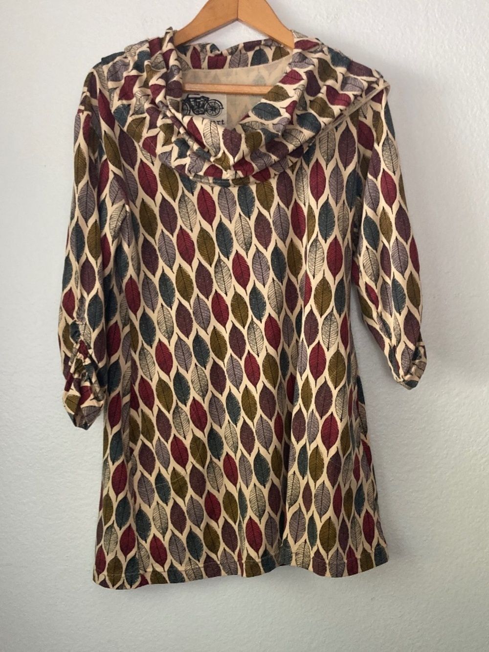 Effie's Heart Leaf  Cowl Neck Floral Tunic sz Large Fall Retro Mod Art to Wear